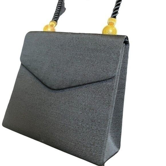 Women Evening Bag Black Gold Finish Design and Rope Straps Inside Flap Pocket - Picture 3 of 16